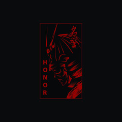 Masculine, Red Colored, Portrait Samurai Warrior Vector Apparel, Poster Illustration