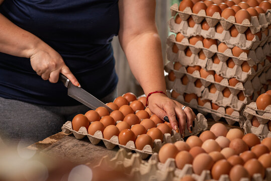 Manos de una mujer cortando y empacando cartones con huevos