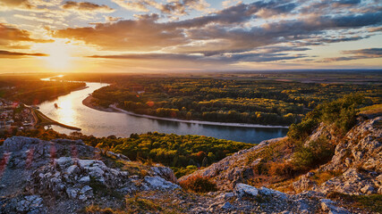 Hainburg city and Danube river view from Braunsberg mountain in sunset, Austria