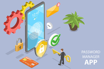 3D Isometric Flat Vector Conceptual Illustration of Password Manager App, Data Protection and Biometric Technologies