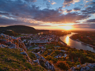 Hainburg city and Danube river view from Braunsberg mountain in sunset, Austria
