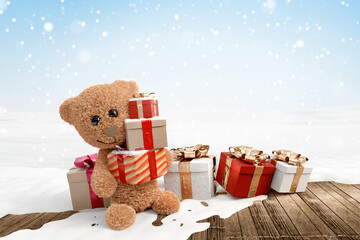 a cute stuffed animal character, a teddy bear with Christmas presents in his hands, in front of christmas gifts outdoor on snow 3d-illustration