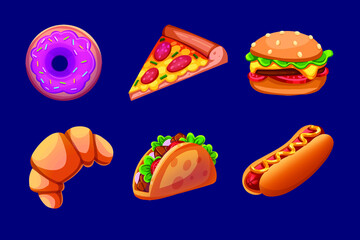 The collection is a set for creating mobile games, vector interface elements. Mobile food game icons for use in app design and development. Tacos, pizza, donut, burger, croissant, hot dog  casual game
