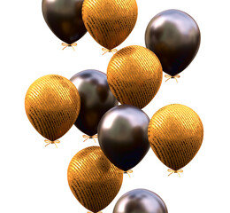 3d helium balloons isolated on white background. Celebratory template with black and gold balloons. Holiday template for design, ads product, sale, banner, presentation, Black Friday. 3d rendering