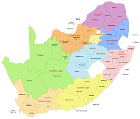 Carte d'Afrique du Sud avec représentation des divisions administratives par districts et provinces - Textes vectorisés et non vectorisés sur calques séparés