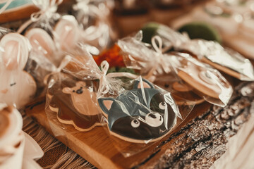 Small packaged cookies at a birthday party. Buffet for guests