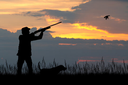 illustration of hunters at sunset