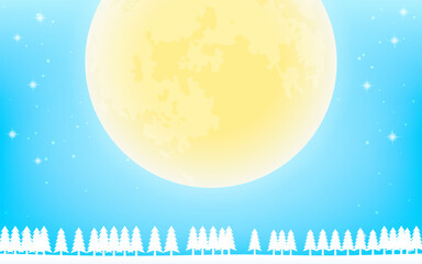 Fototapeta premium 大きな月と白いモミの木、キラキラ光る青背景