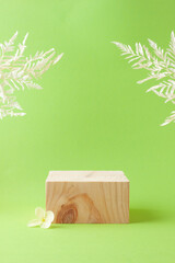 Cosmetic background with wood podium and flowers on green. Empty showcase for cosmetic product presentation. on green background. Close up, copy space