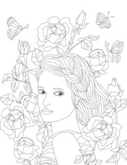 lovely girl looking over her shoulder in flowering garden of ros