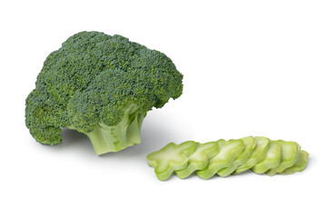 Fresh raw broccoli and a chopped stem isolated on white background 