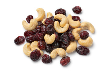  Heap of Cashew nuts and cranberries isolated on white background close up