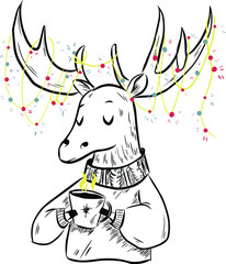 Christmas illustration with cute cartoon deer in doodle style. Vector image