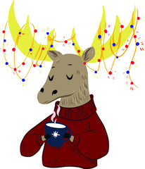 Cute Christmas deer in Christmas tree garland. Merry Christmas and Happy New Year card. Use for card, poster, banner, web design and print on t-shirt. Easy to edit. Vector illustration modern