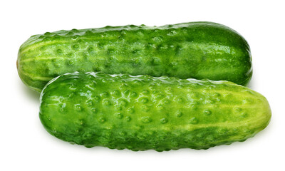 two green wet cucumbers isolated on a white