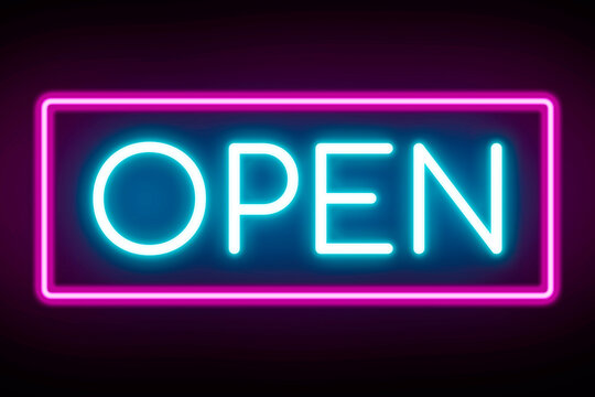 Open neon sign banner on black background