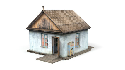 3D rendering of an old wooden building on a white background