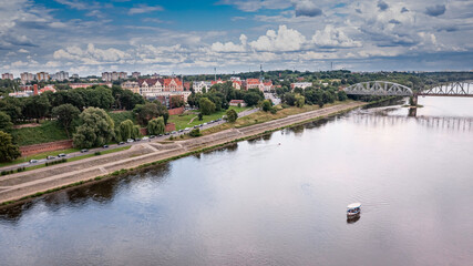 Fototapeta na wymiar Aerial view of Torun old town and Vistula river.