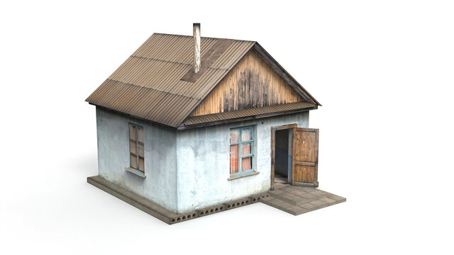 3D rendering of an old wooden building on a white background