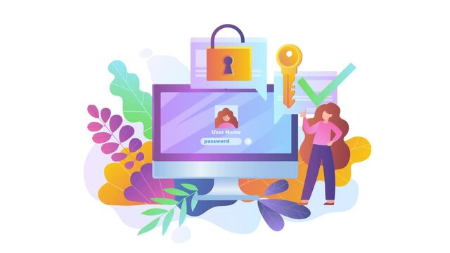 Personal data protection concept. Moving woman enters password and gets access to social network. Key to open lock. Character account. Internet security. Graphic animated cartoon in high resolution