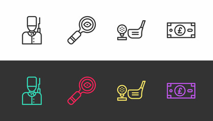 Set line British soldier, Magnifying glass, Golf club with ball on tee and Pound sterling money on black and white. Vector