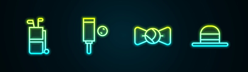 Set line Golf bag with clubs, Wood cricket bat and ball, Bow tie and Elegant women hat. Glowing neon icon. Vector