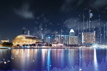 FOREX graph hologram, aerial night panoramic cityscape of Singapore, the developed location for stock market researchers in Asia. The concept of fundamental analysis. Double exposure.