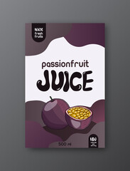 Passionfruit juice label template. Modern vector packaging design layout. Isolated