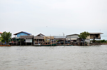View landscape seaside and seascape brackish water at bangkhuntien fishing village for thai people and foreign travelers travel visit and rest relax at Bang Khun Thian District in Bangkok, Thailand