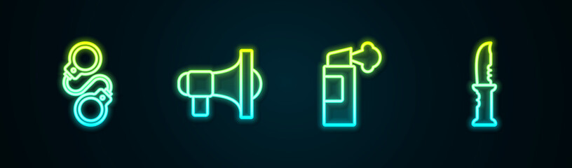 Set line Handcuffs, Megaphone, Pepper spray and Military knife. Glowing neon icon. Vector