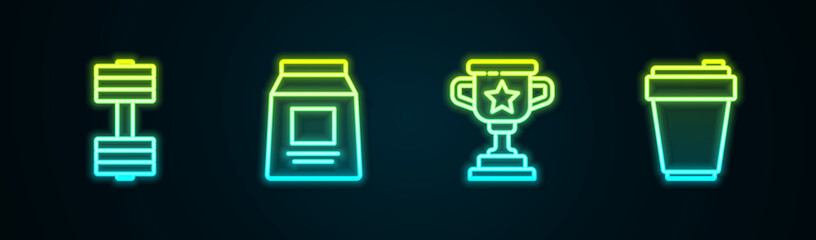 Set line Dumbbell, Sports nutrition, Award cup and Fitness shaker. Glowing neon icon. Vector