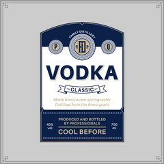 Vector vodka label template isolated on a grey background. Distilling business branding and identity design elements