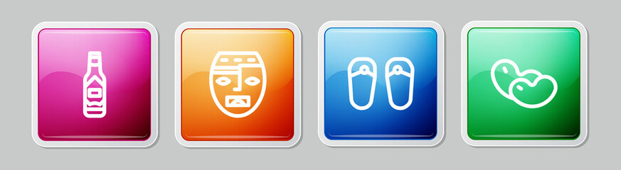 Set line Tabasco sauce, Aztec mask, Flip flops and Beans. Colorful square button. Vector