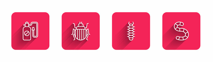 Set line Pressure sprayer, Colorado beetle, Centipede and Worm with long shadow. Red square button. Vector