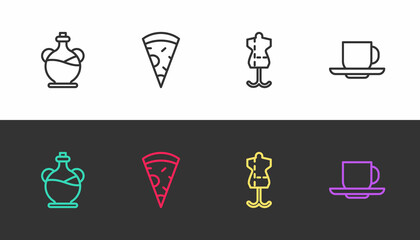 Set line Bottle of olive oil, Slice pizza, Mannequin and Coffee cup on black and white. Vector