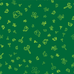 Set line Bottle of olive oil, Medieval axe and Olives branch on seamless pattern. Vector