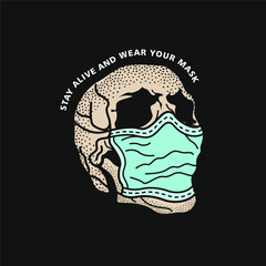 Cartoon, Vintage, Aesthetic, Minimalist Skull Wearing MedicalI Mask Graphic T-shirt, Poster Vector Illustration