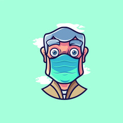 Cartoon, Flat, Vintage, Colorful, Elderly Men Wearing Medical Mask Portrait Character Vector.