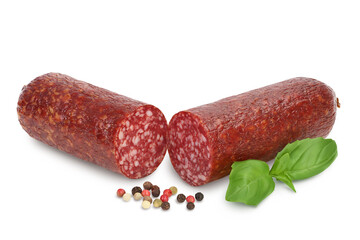 Smoked sausage salami isolated on white background with clipping path and full depth of field