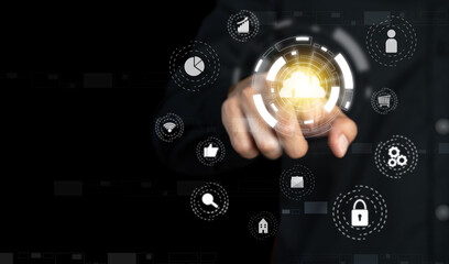 Businessman touching virtual image cloud computing technology on a black background. social media, search, beginning of a new era. Marketing plans and business growth. Network connection concept