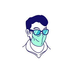 Cartoon, Vintage, Aesthetic, Minimalist Men Wearing Sunglasses And MedicalI Mask Line Vector