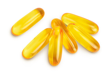 Fish oil capsules isolated on white background with clipping path and full depth of field. Top view. Flat lay