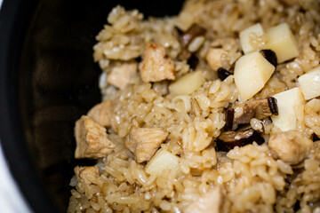 Rice cooked with chicken, bamboo shoots, mushrooms.Gohan.