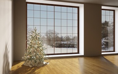 Christmas concept interior room, christmas tree, white room interior with wooden floor.