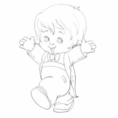 sketch, cute child in a frock coat and with a bow tie importantly steps, coloring book, cartoon illustration, isolated object on a white background, vector,