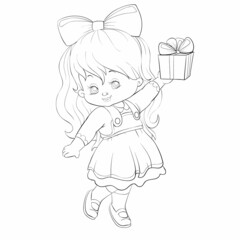 sketch, cute girl in a beautiful dress and with a big bow on her head holding a small present in her hands, coloring book, cartoon illustration, isolated object on a white background, vector,