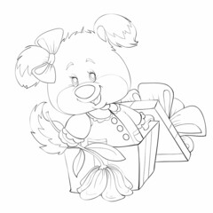 sketch, cute dog with a bow on the ear and with a flower in its paw peeping out of a gift box, coloring book, cartoon illustration, isolated object on a white background, vector,