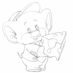 sketch, cute mouse in a cap and clothes holding a piece of cheese in its paws, coloring, cartoon illustration, isolated object on a white background, vector,