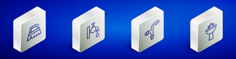 Set Isometric line Brush for cleaning, Water tap, Industry metallic pipe and Washbasin with water icon. Vector