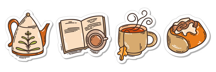 Colorful hand-drawn autumn hygge sticker set with pumpkin, maple leaf, and apples in doodle style isolated on white background. Cute vector collection for seasonal decoration.